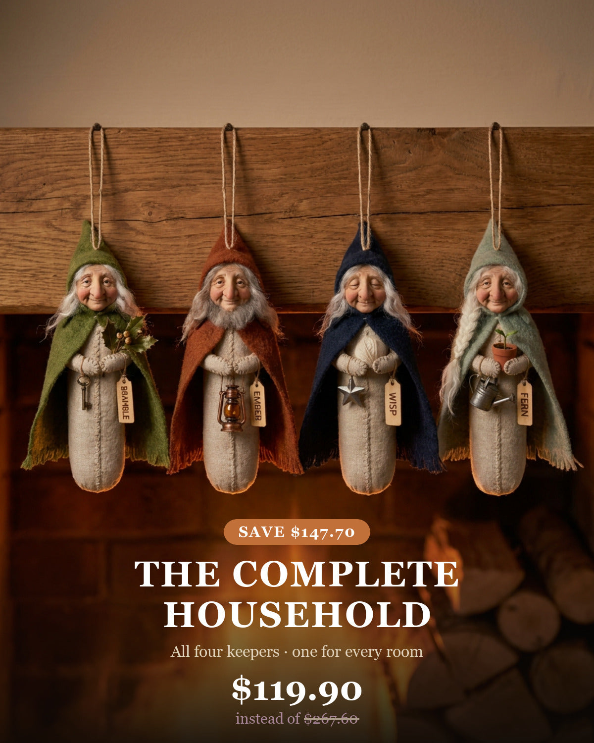 The Complete Household — all four Hearth Keepers hanging above a lit fireplace
