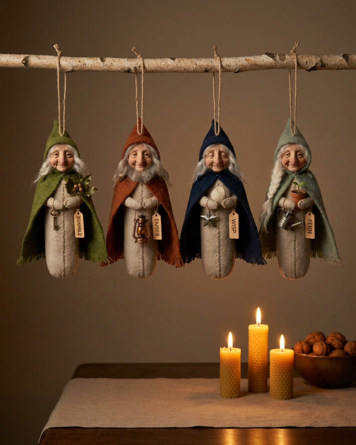 The four Hearth Keepers hanging above a candlelit autumn table