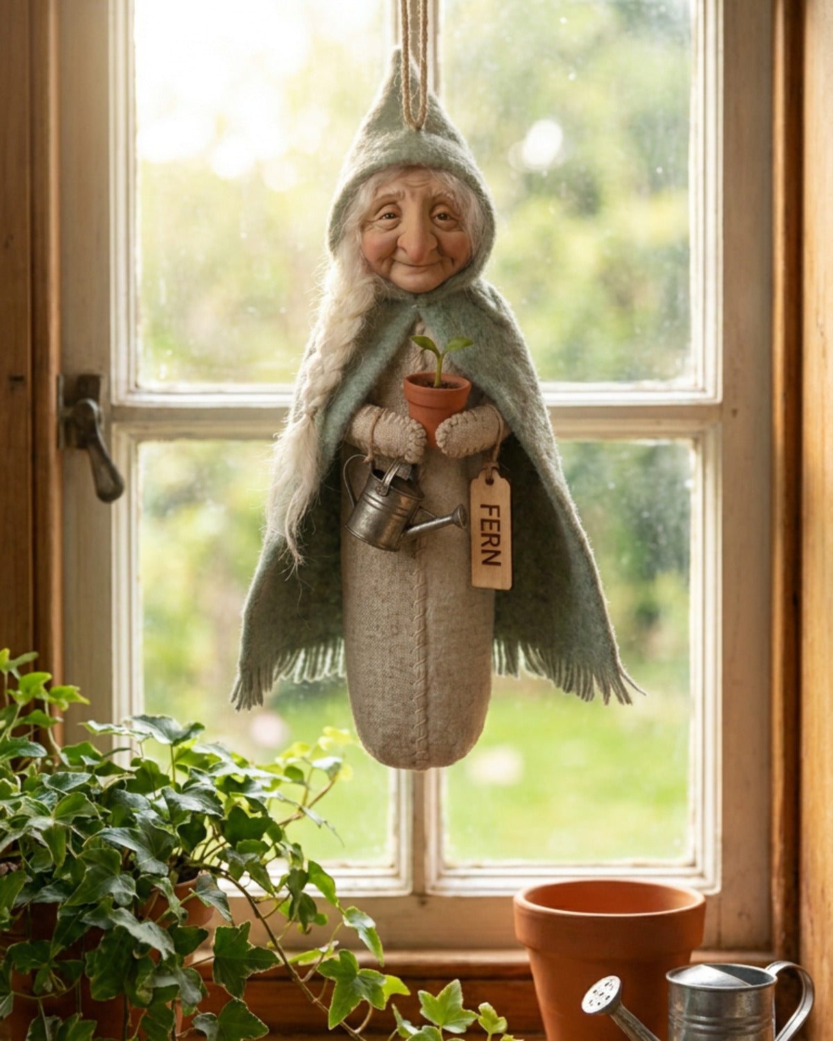 Fern, keeper of what grows, hanging at a window among potted plants