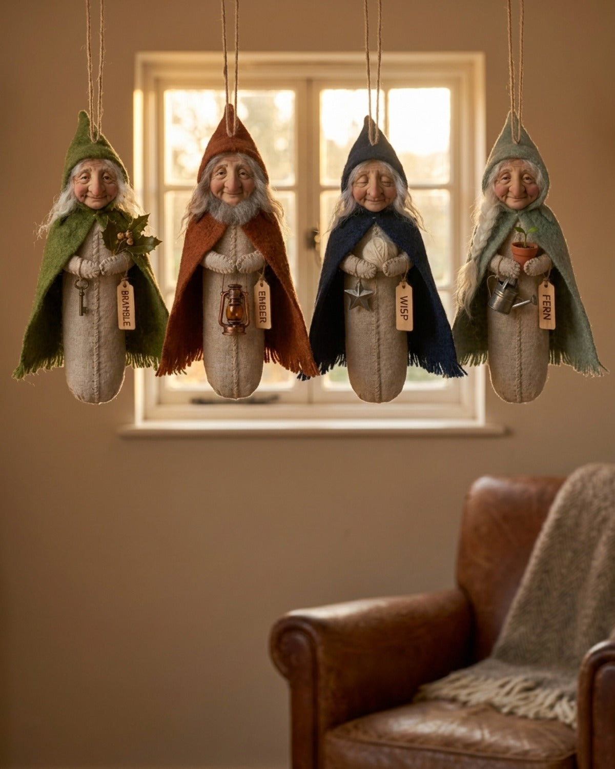 The four Hearth Keepers hanging in a row at a sunlit window
